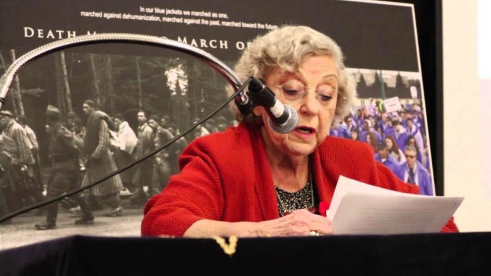 Judy Weissenberg Cohen speaking at a March of the Living commemoration