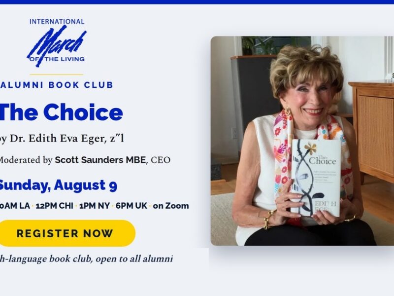 Alumni Book Club poster for The Choice by Dr. Edith Eva Eger; Aug 9 on Zoom; photo of a smiling woman holding the book.