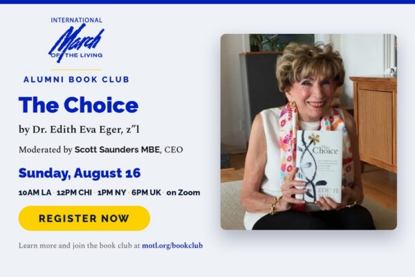 Promotional poster for The Choice alumni book club; a smiling woman holds a copy of the book on the right.