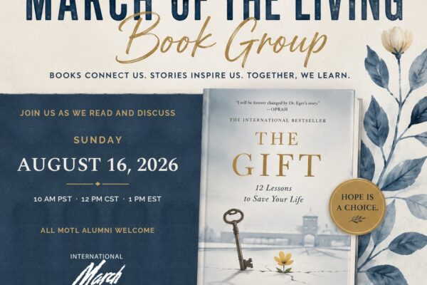 Promotional poster for March of the Living Book Group: The Gift by Edith Eger; Aug 16, 2026; RSVP for Zoom.