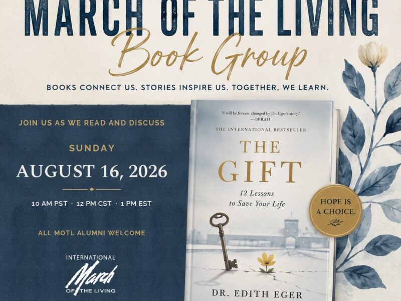 Promotional poster for March of the Living Book Group: The Gift by Edith Eger; Aug 16, 2026; RSVP for Zoom.