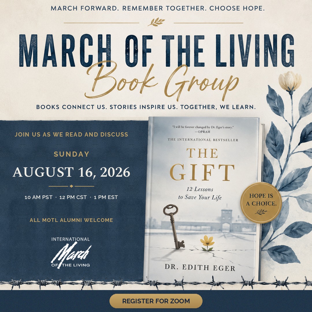 Promotional poster for March of the Living Book Group: The Gift by Edith Eger; Aug 16, 2026; RSVP for Zoom.