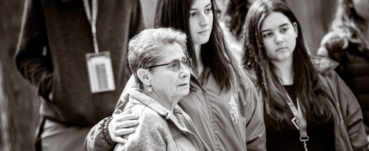 Holocaust Survivor Eva Kuper and students at the 2018 March of the Living (Photo: Ryan Blau)